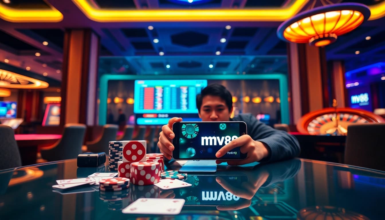 Exciting gambling scene featuring mv88 logo on a mobile device amidst poker chips and cards.