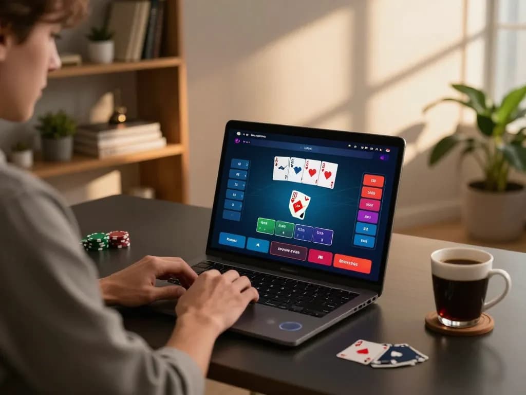 Player engaging in online poker on a laptop at home, showcasing the modern gaming experience with 88vv.