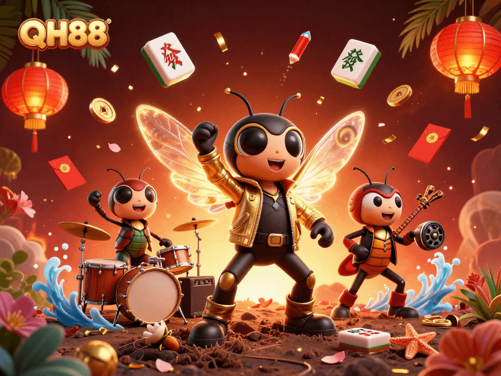 Experience the vibrant QH88 casino scene with a rock star cicada and lively game elements.