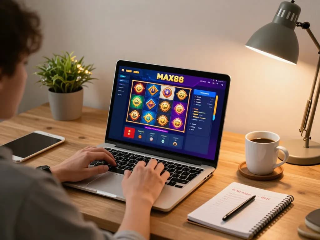 Engaging gameplay at MAX88 with a player strategizing in a cozy home office setup