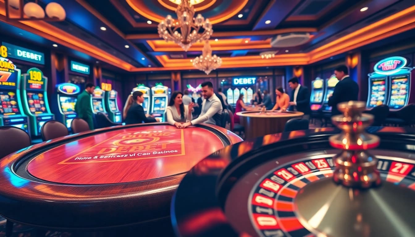 Players engaging in a thrilling poker game at a DEBET casino table with vibrant betting chips.