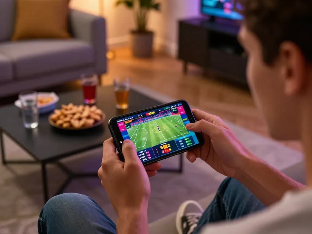 Engaged gambler placing bets on sports events via the 58wiin mobile app in a cozy home setting.