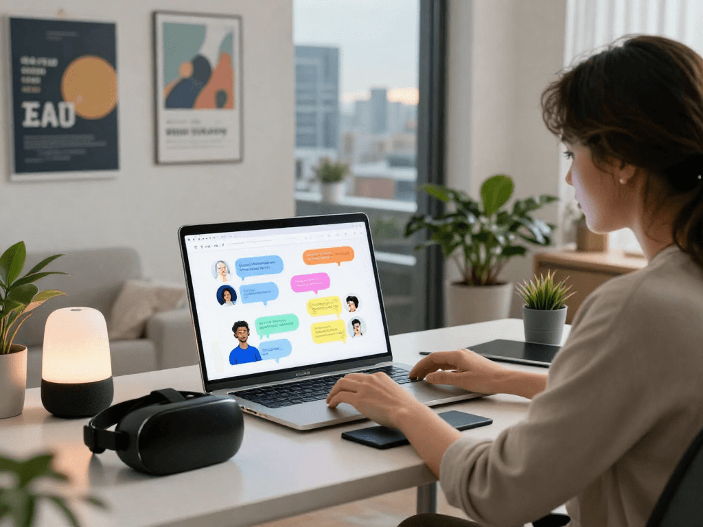 AI chat porn featuring interactive conversation on a laptop in a modern workspace setting.