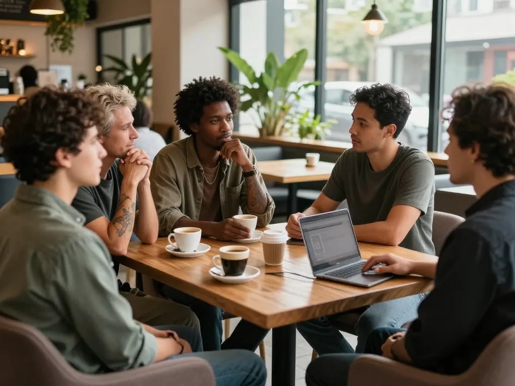Diverse men at a café discussing mental health in a supportive manclub environment