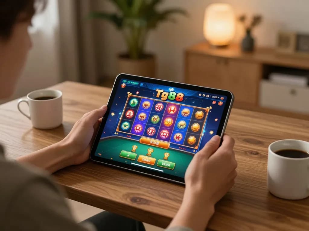 Playing tg88 game on a tablet in a cozy home setting, illustrating online gambling.