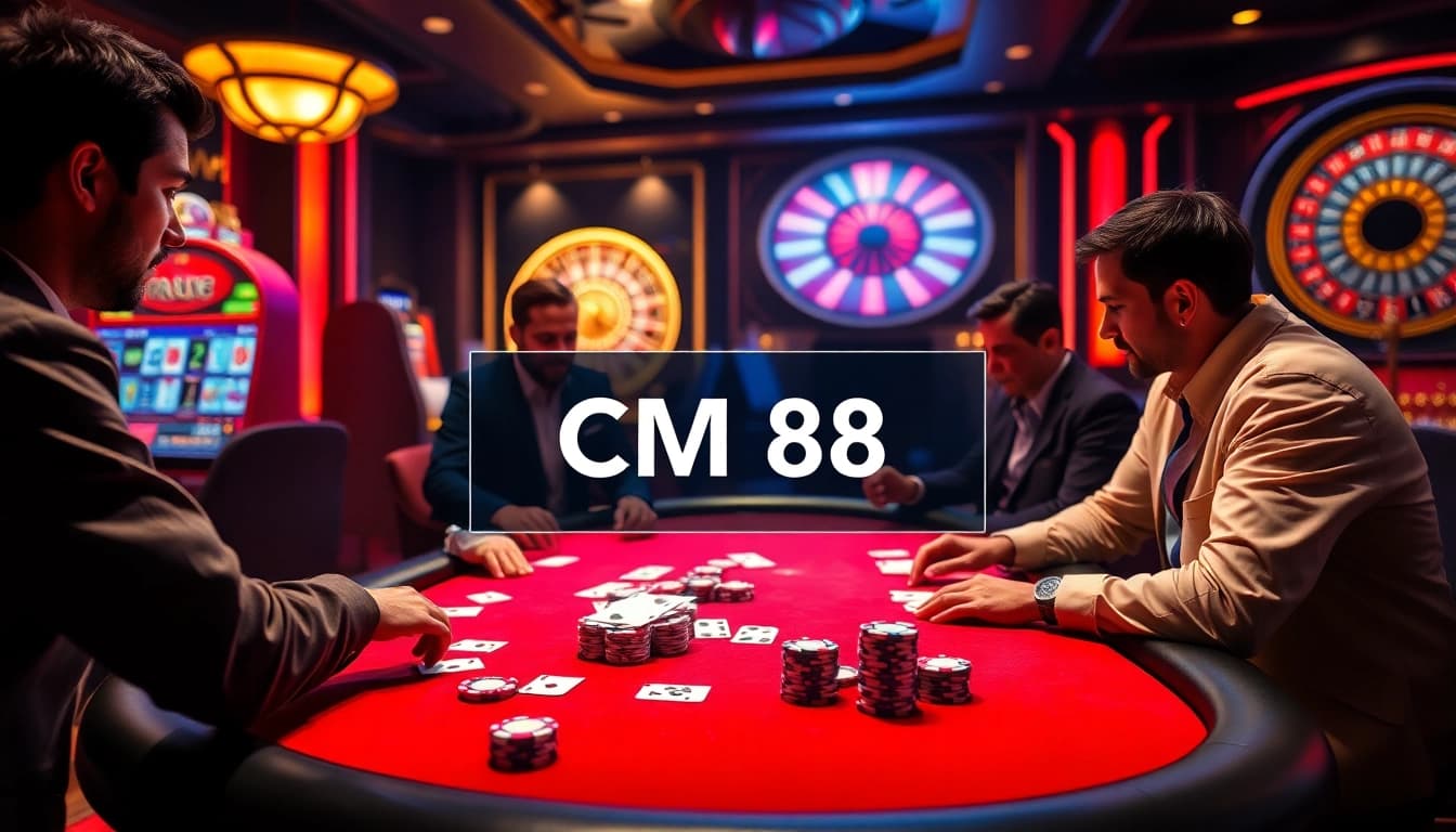 A poker game at CM 88 featuring excited players with vibrant casino decor.