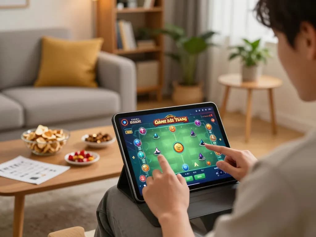 Engaging scene of online Game Bài Đổi Thưởng gameplay on tablet with cozy home setting and snacks.
