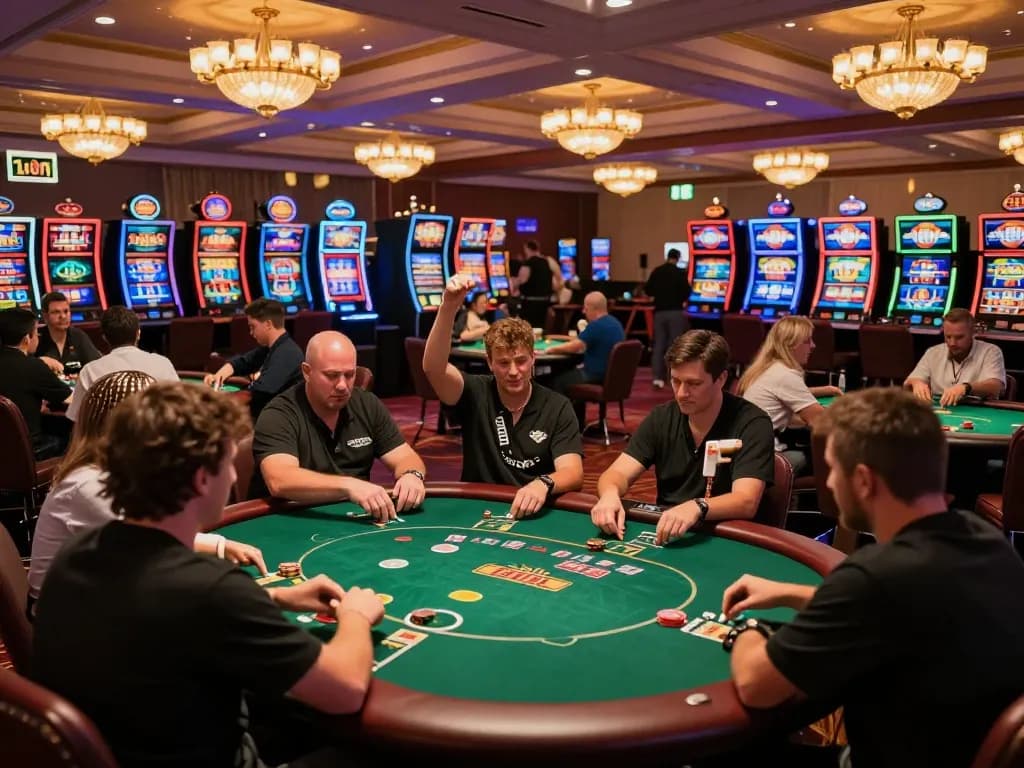 Players enjoying poker at a lively casino represented by https://ee888.sa.com/ with colorful slot machines and celebratory atmosphere.