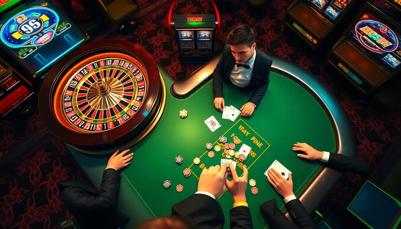 Players betting at a vibrant poker table in a luxurious casino setting with sunwin-themed excitement.