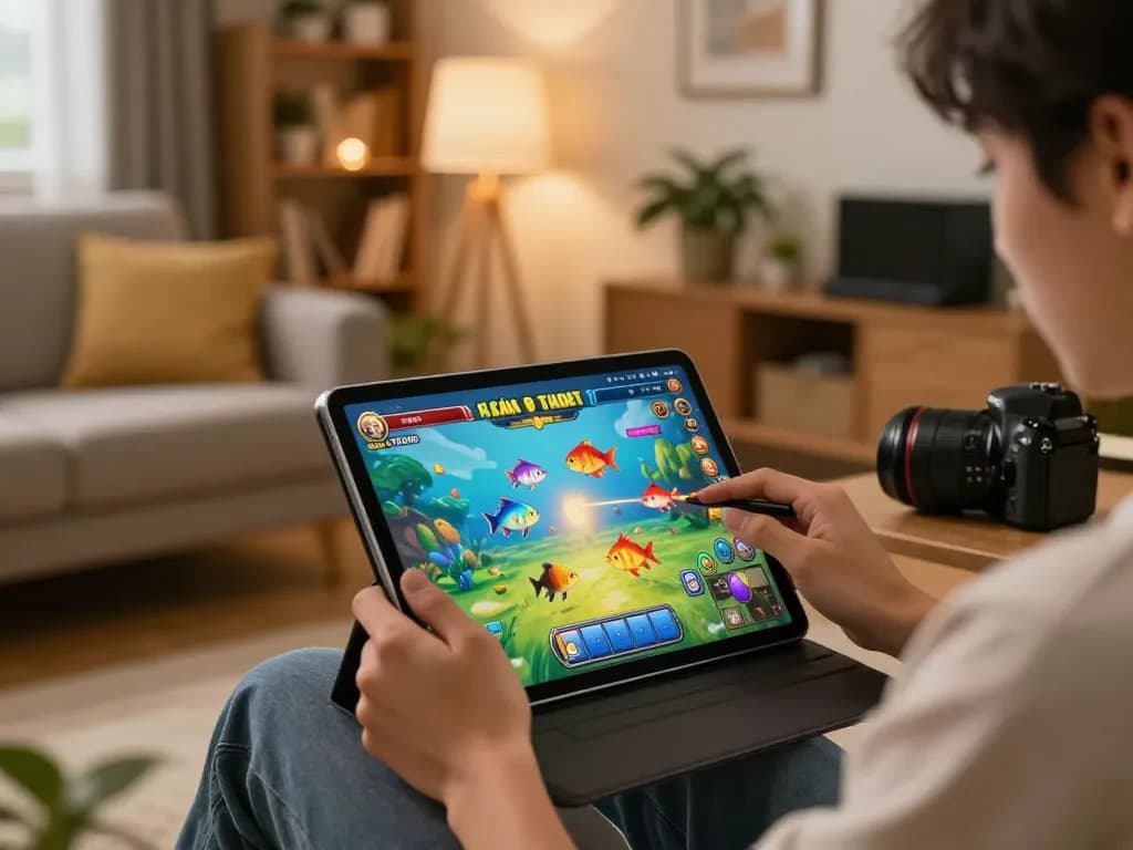 Bắn Cá Đổi Thưởng gaming experience on a tablet, player focused in cozy living room setting.