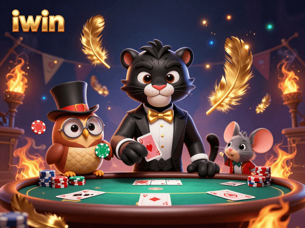 Engaging iwin casino scene featuring a black panther dealing cards, surrounded by a lucky owl and mouse, emphasizing poker action.