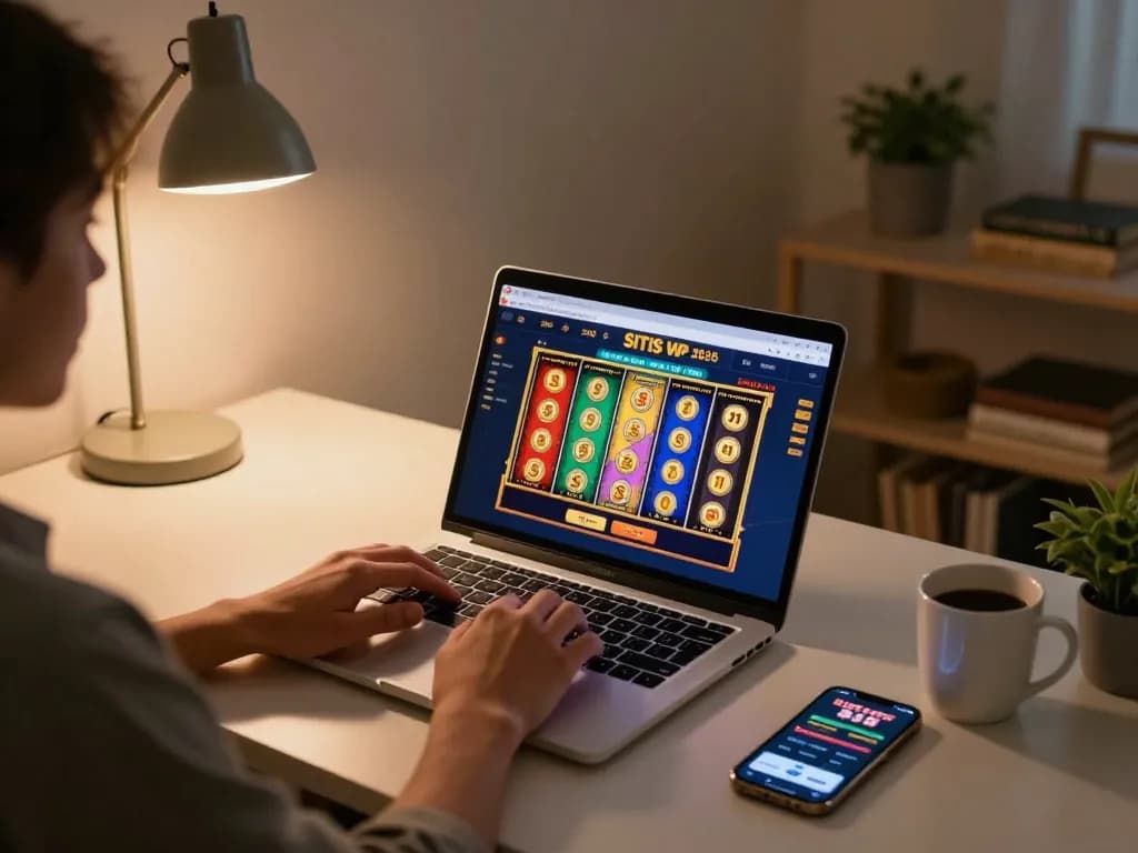 Engaging with situs slot games on a laptop in a cozy home office, focusing on strategic play.