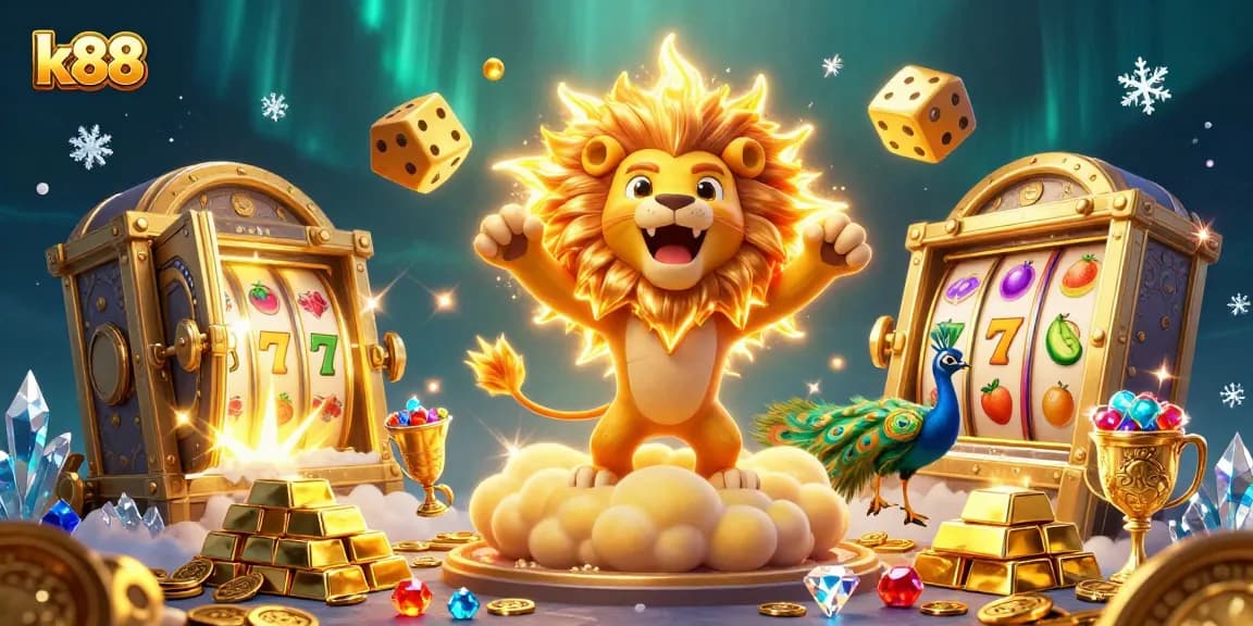 Win big with k88: Illustrated casino scene featuring golden dice and treasures.
