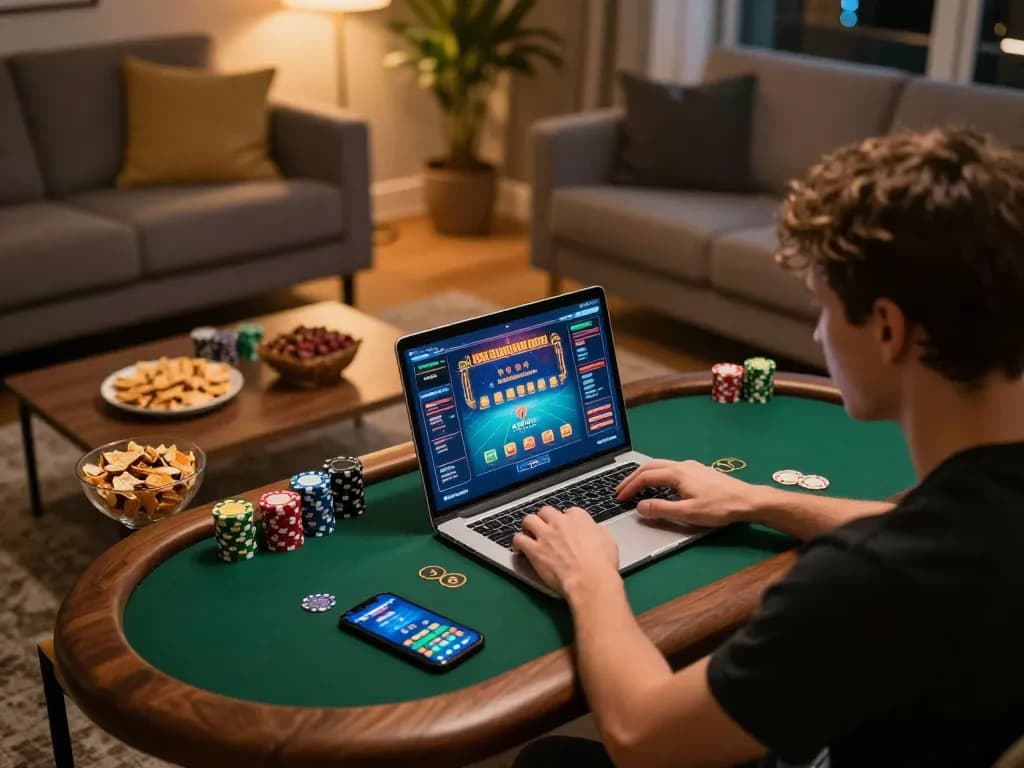 Engaging in online poker gameplay on go 88 platform, immersed in a cozy home environment with snacks and devices.