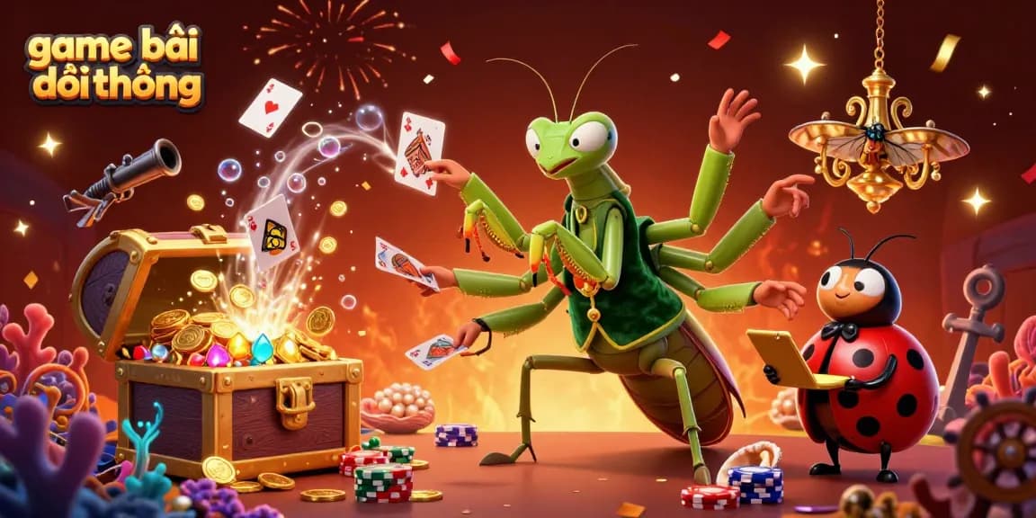 Experience the excitement of game bài đổi thưởng with a dazzling casino scene filled with vibrant characters and rich treasures.