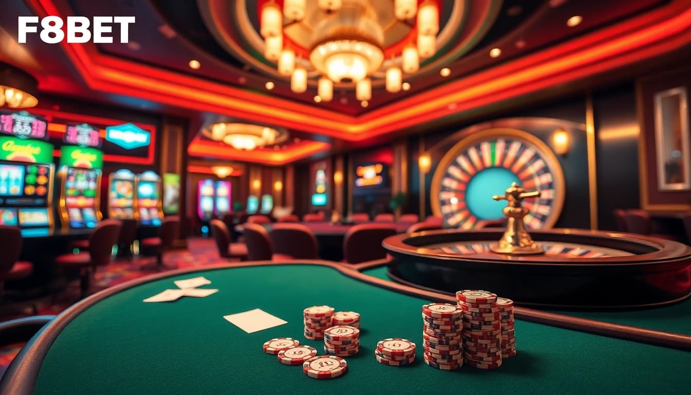 Experience the excitement of F8BET trang chủ with a stunning casino scene featuring vibrant colors and dynamic gambling elements.