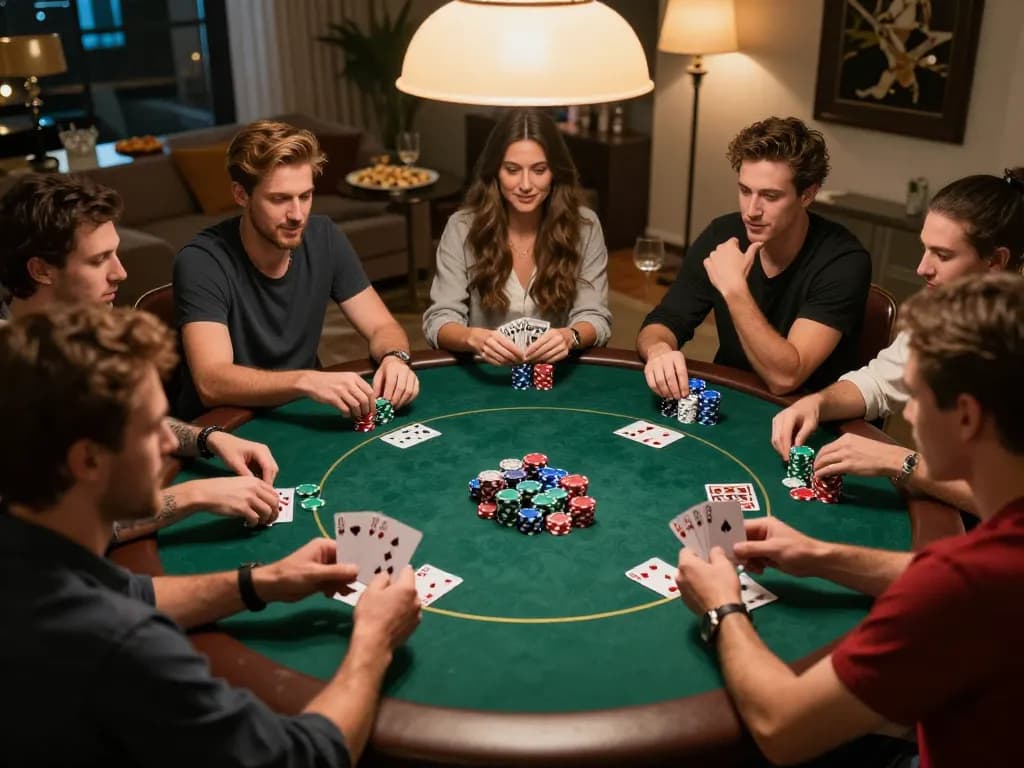 Pucuk138 players enjoying a thrilling poker night at home, showcasing camaraderie and strategic gameplay.