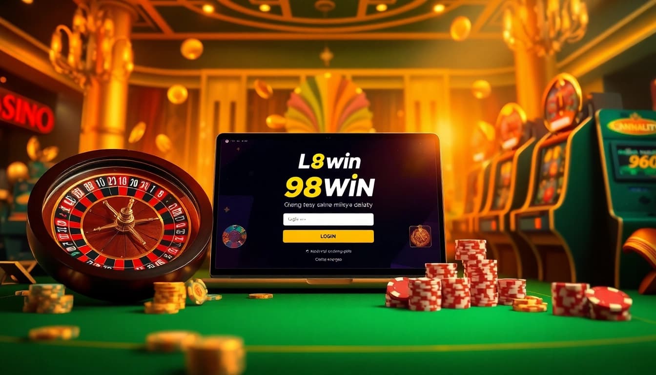 Engaging scene of Đăng nhập 98win, showcasing an online casino with roulette, poker chips, and elegant gaming interface.