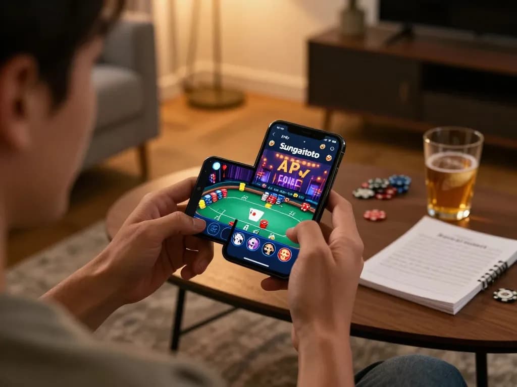 Engaging gameplay with apk sungaitoto on smartphone in cozy home setting, showcasing online gambling.