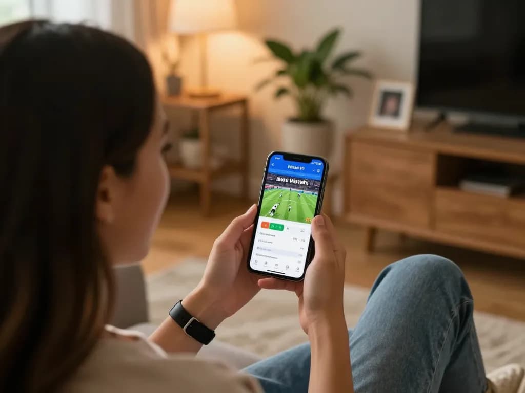 Engaging with the Winbd VIP app for sports betting in a cozy home setting.