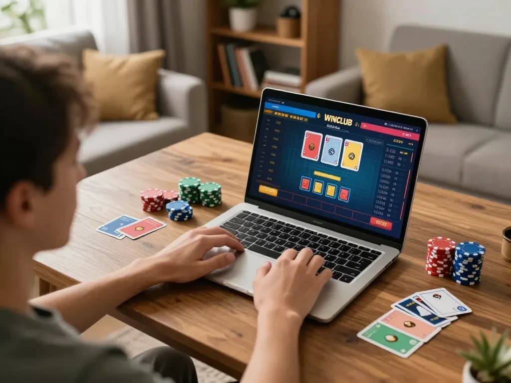IWINCLUB player engaged in strategic gameplay on laptop in cozy living room setting