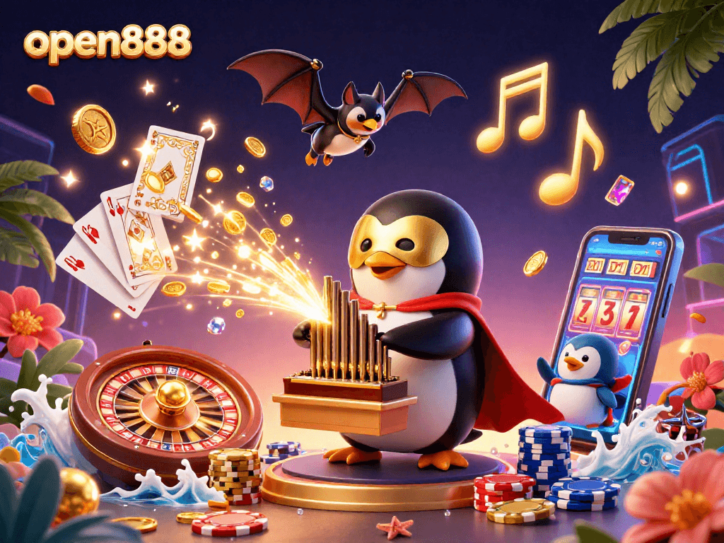 Experience excitement with open888 as a penguin plays the organ, unleashing coins in a lively casino scene.