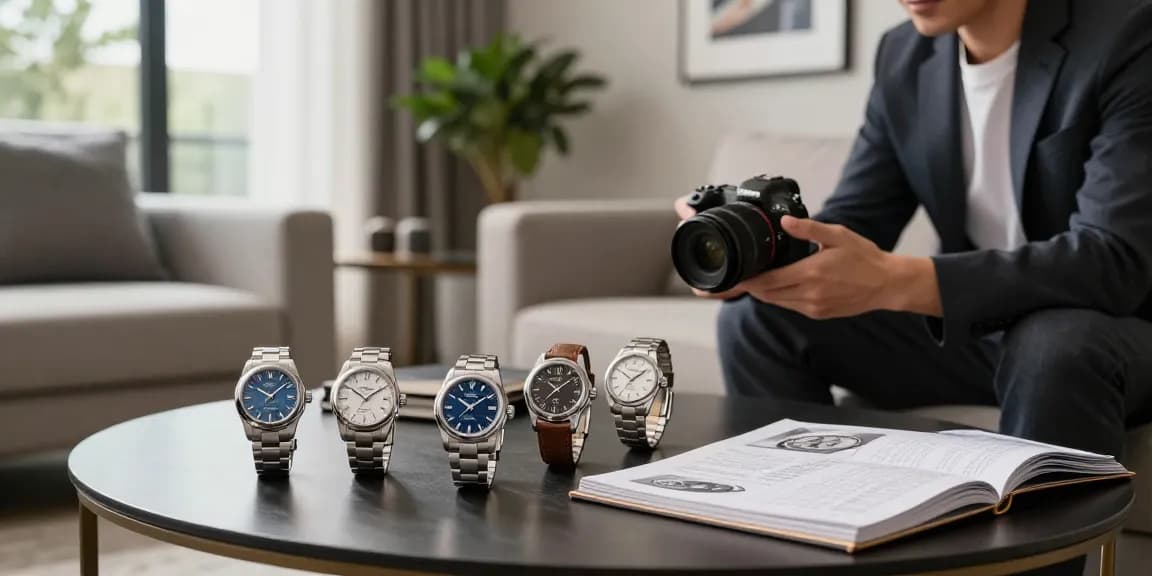 Explore luxury replica watches displayed in an elegant living room setting, highlighting their craftsmanship and sophistication.
