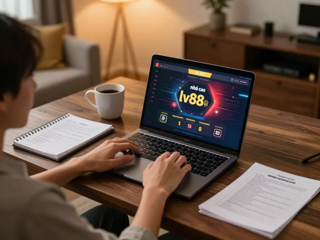 Engaging player strategizing with nhà cái lv88 on laptop, cozy ambiance and notes around.