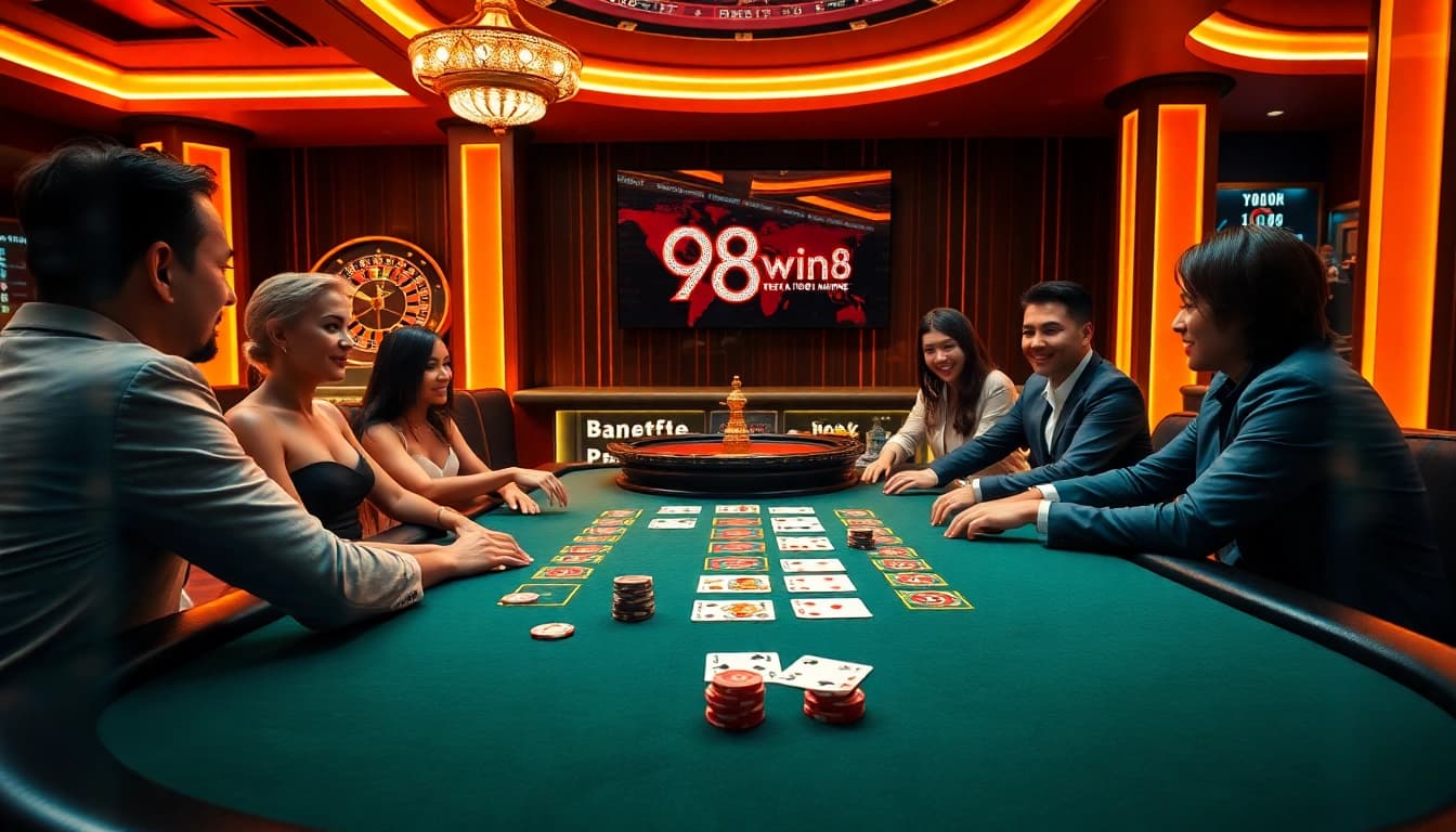 Experience the excitement of blackjack at 98win98, featuring players, vibrant chips, and high-stakes action.
