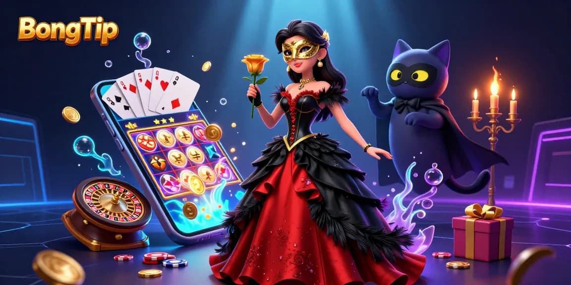Experience thrilling gameplay with BongTip's illuminated scene of a glamorous woman and casino elements.