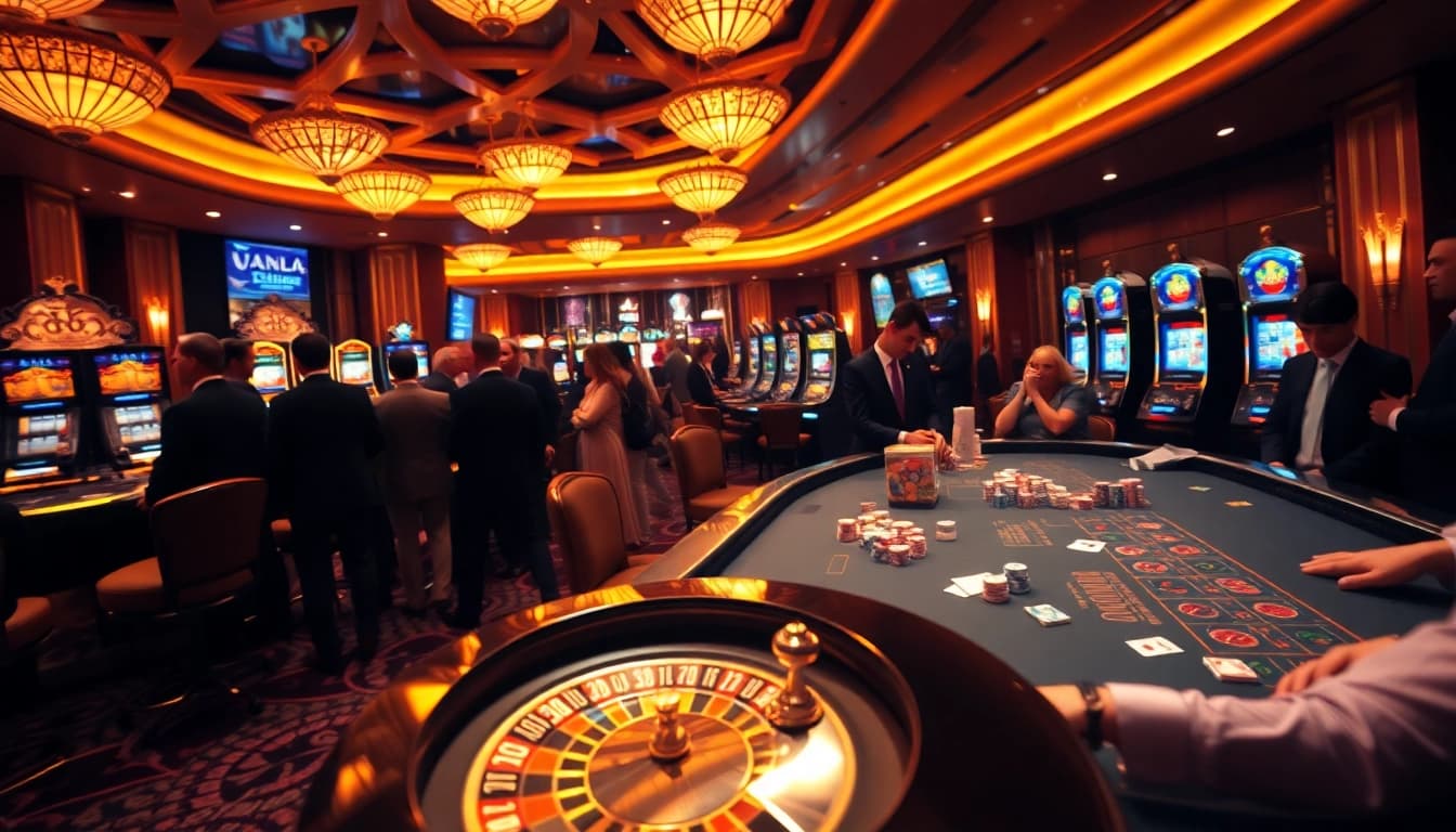 Players enjoying a lively casino experience at 8DAY with poker chips and a roulette wheel.