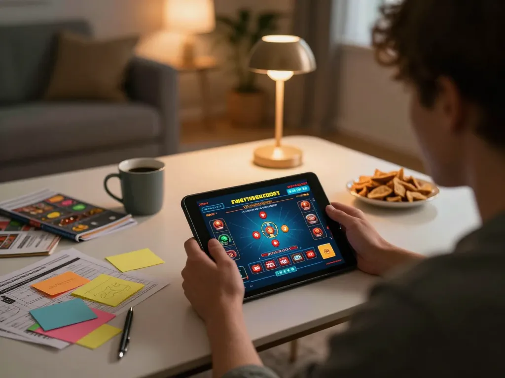 Player immersed in RR88 online casino gaming, showing tablet with live dealer interface and strategy notes