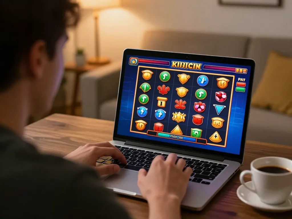 cm88-bet player enjoying an exciting online slots game on laptop, showcasing vibrant gameplay.