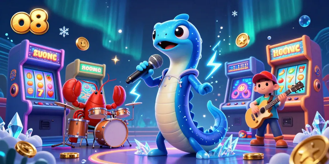 o8 live casino scene featuring a DJ eel, lobster drummer, and seahorse guitarist with slot machines.