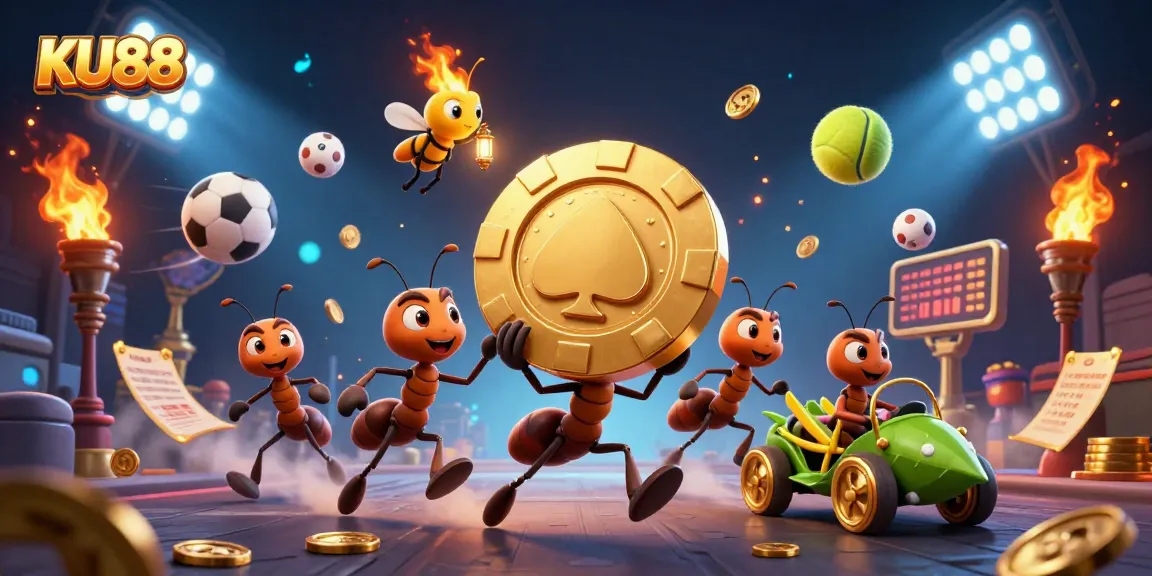 Engage in thrilling action at KU88 with cartoon ants on a heist with golden poker chip.