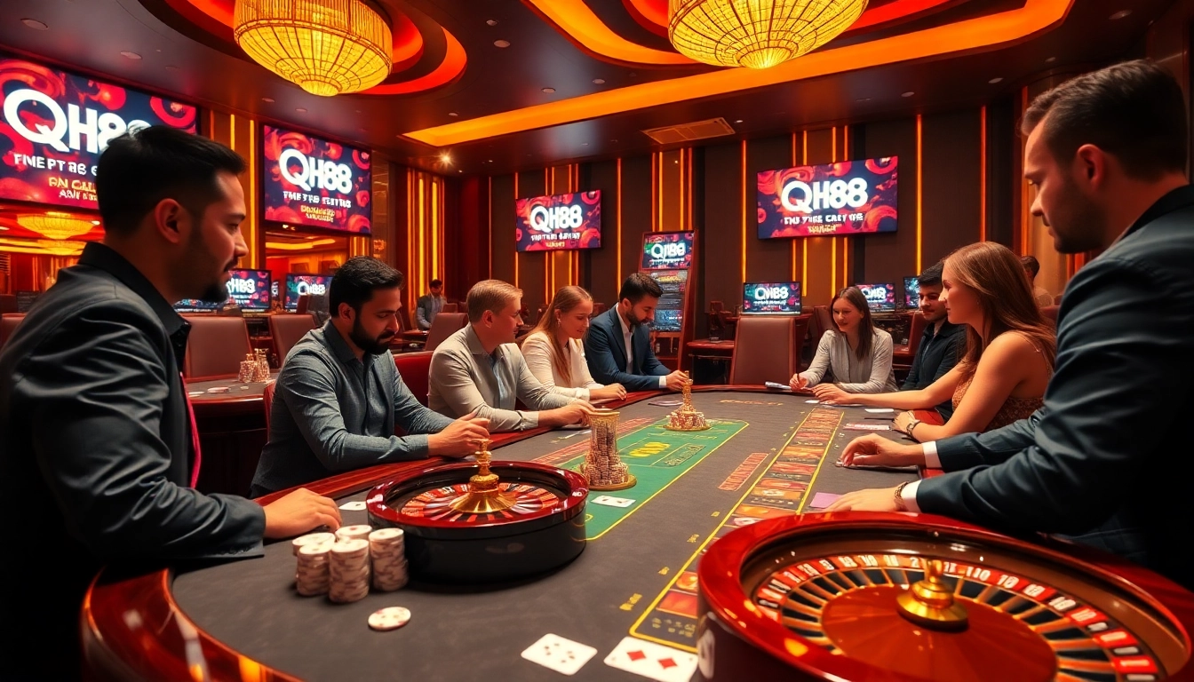 Engage in thrilling gameplay at QH88's luxurious casino table featuring poker chips and cards.