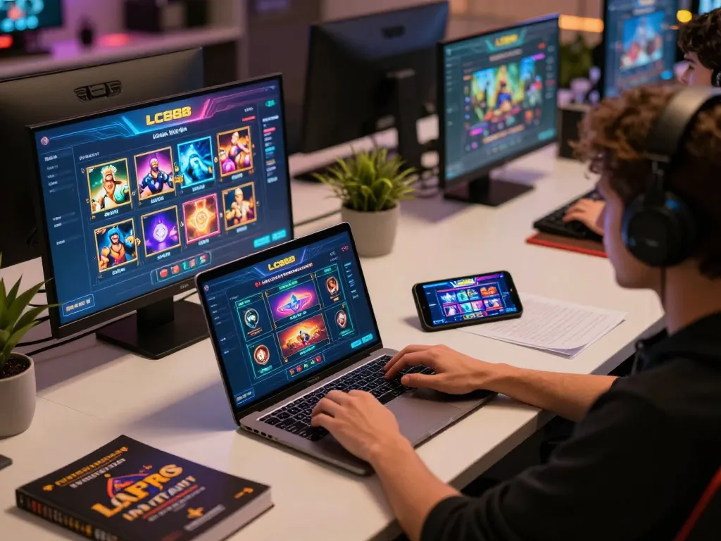 Player enjoying strategic gameplay on LC88 casino platform using laptop and mobile device