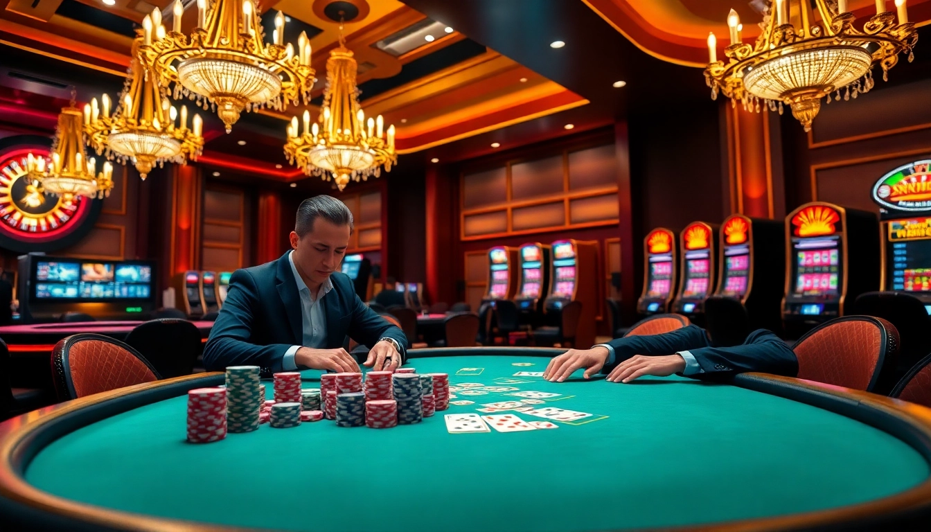 Winning poker players at the luxurious KJC365 casino, showcasing thrilling online gaming experiences.