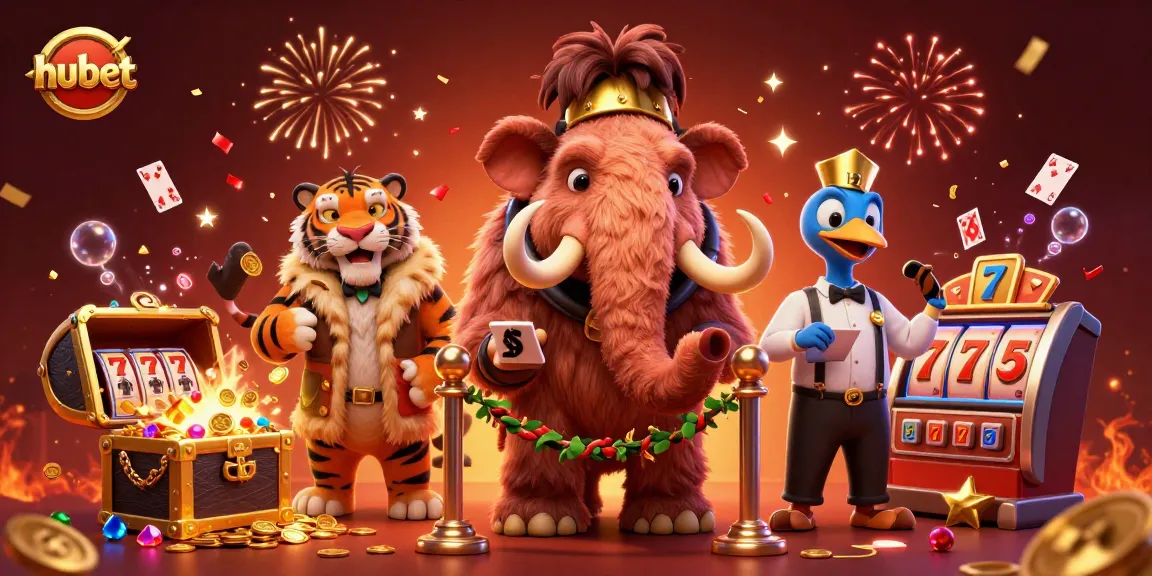 Experience hubet with a vibrant casino scene featuring a woolly mammoth bouncer and dazzling slot elements.