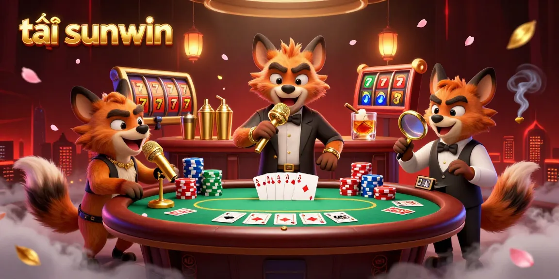 Experience the excitement of tải sunwin with a 3D scene of hyenas at a comedy casino, featuring poker action and vibrant decor.