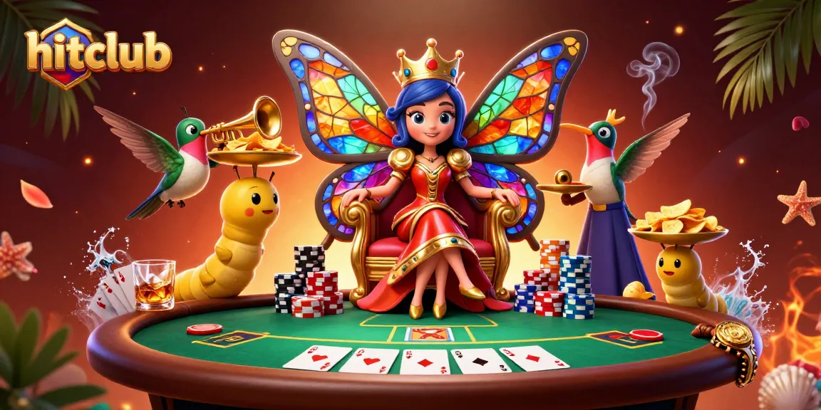 Join the hitclub in this vibrant poker scene, featuring a butterfly queen and colorful chips.
