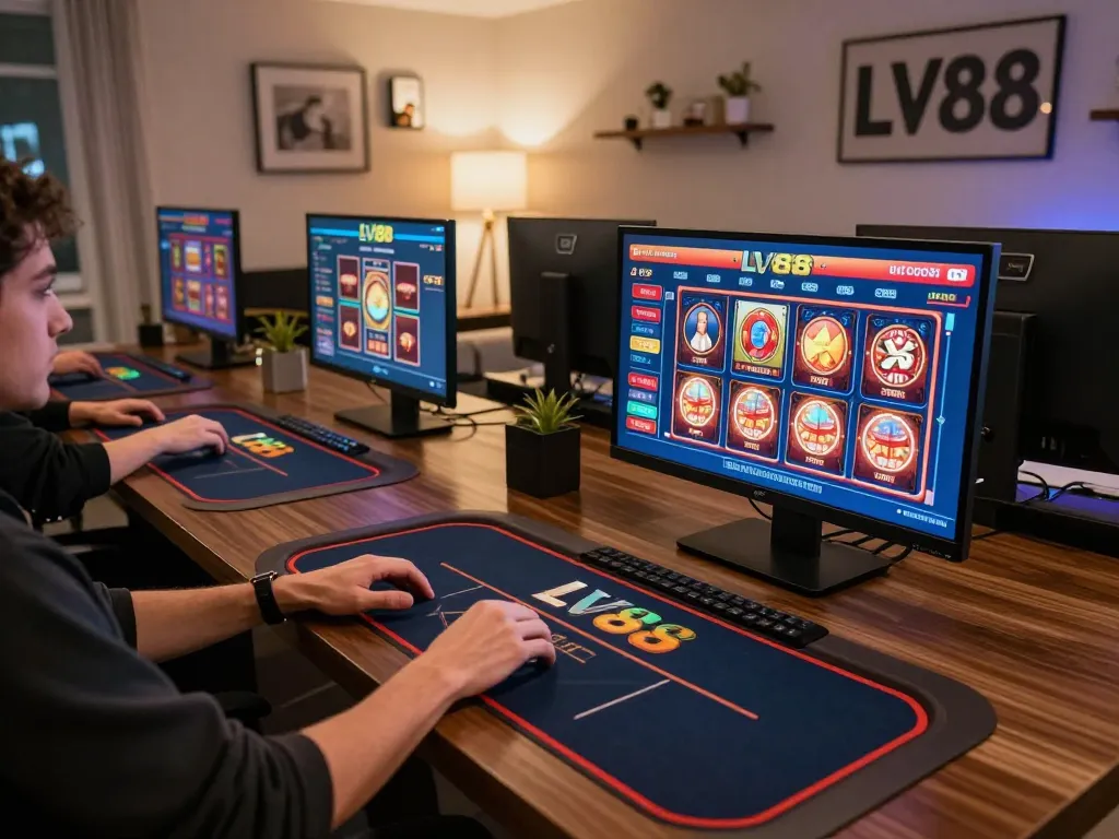 Engaging in online gameplay at trang chủ lv88 with multiple screens showcasing casino games.