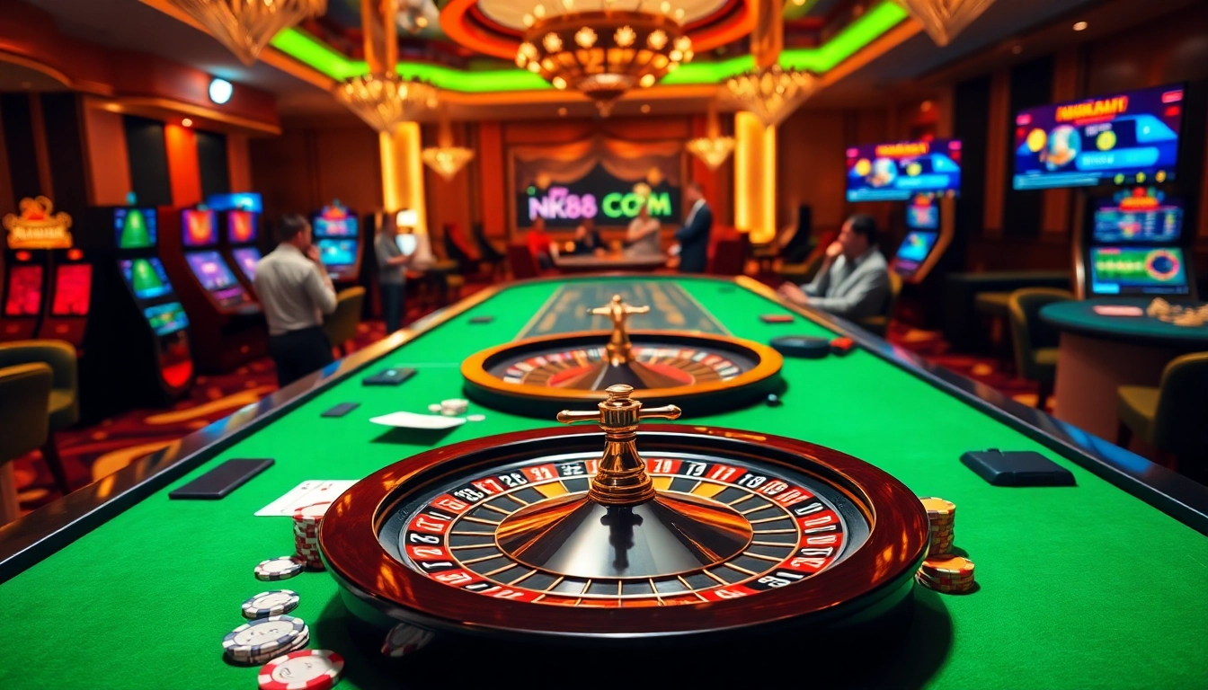 Engaging scene of players betting at NK88 COM casino with vibrant slot machines and poker tables.