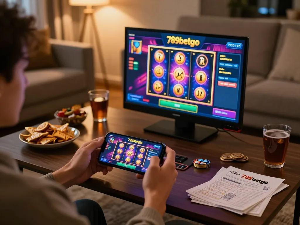 Playing exciting slot games on 789betgo app in a cozy home setup with vibrant graphics.