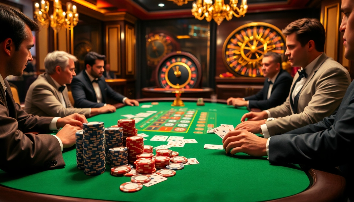 Players engaging in exciting poker at RR88's luxury casino table.