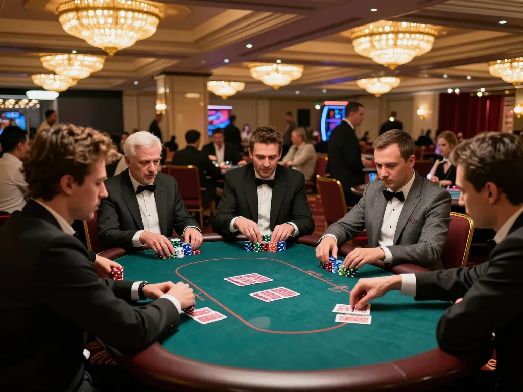 Bay789 players engaging in an exciting poker game with chips and cards actively in play, showcasing vibrant casino atmosphere