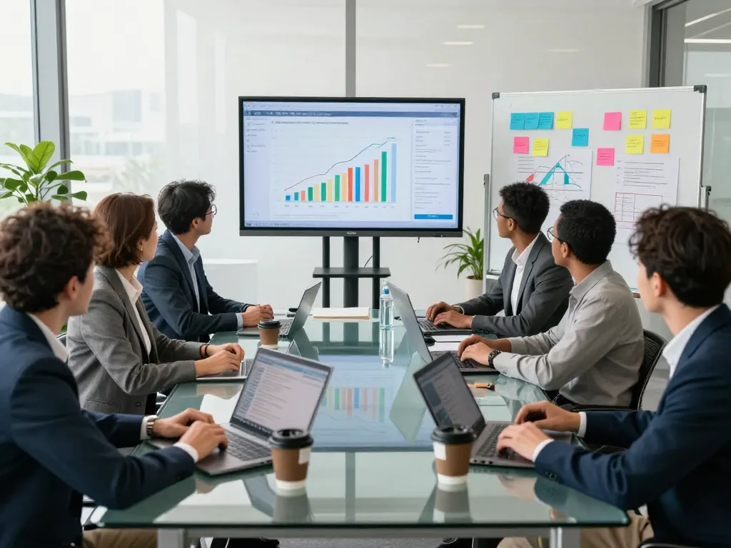 Sunwin team collaborating in a modern office, showcasing effective strategy meeting atmosphere.