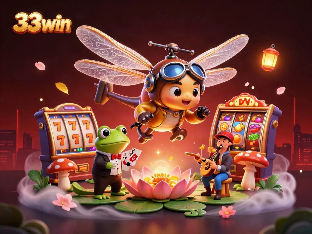 Roll the dice and experience 33win's vibrant gaming atmosphere with a dragonfly pilot and frog dealer.