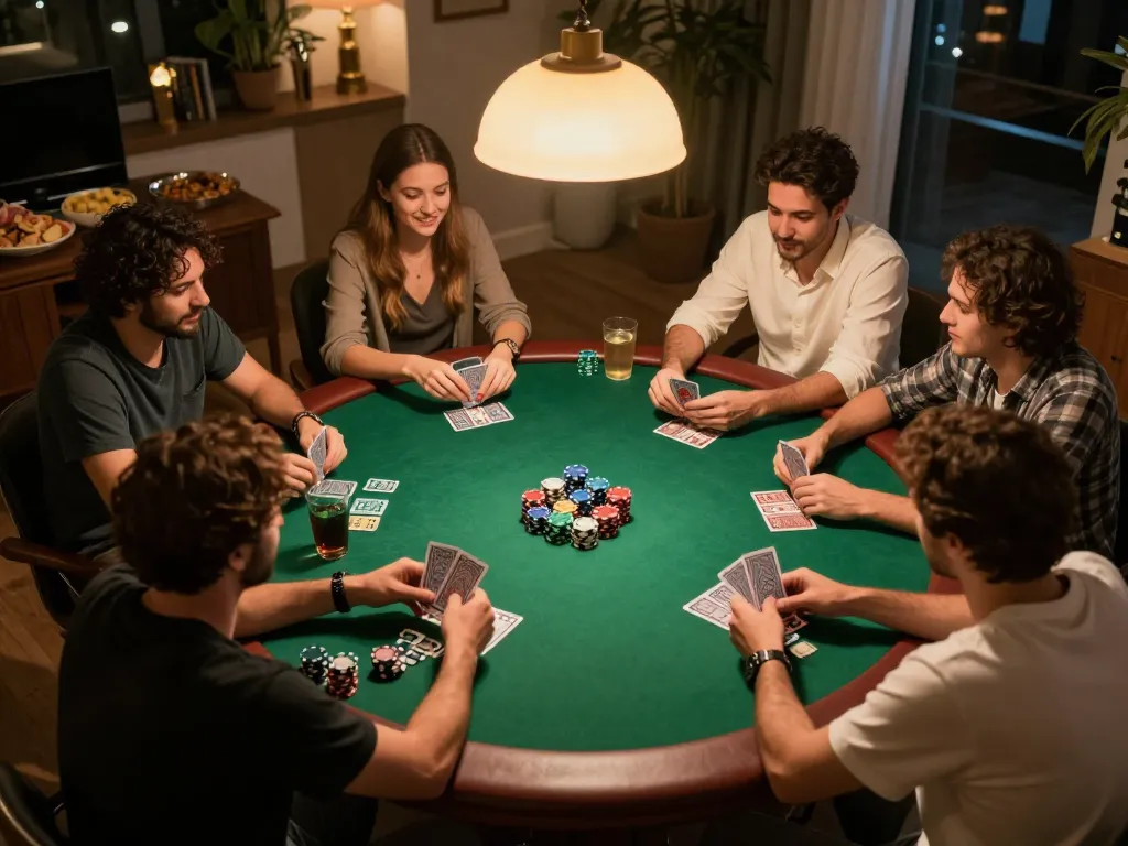 Zowin players engaging in intense poker strategy during a home game night
