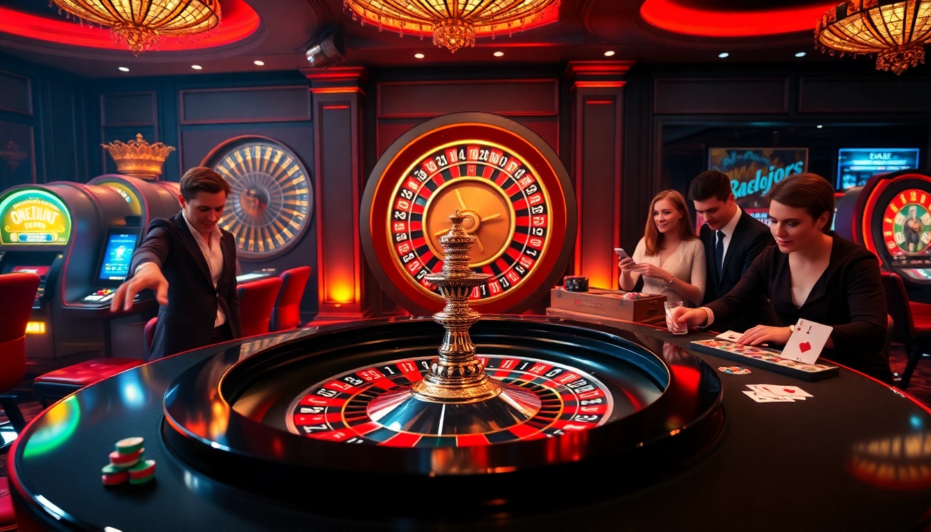 Jugadores disfrutando de emocionantes juegos de blackjack y ruleta en el lujoso casino de 888jogo.